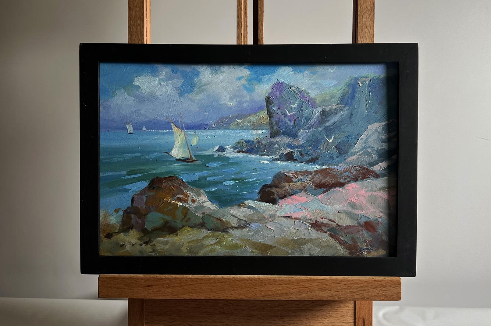 Framed oil painting by Yuriy Suprunchuk: seagulls, rocky shore, sailboats, cliffs