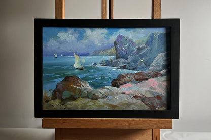 Framed oil painting by Yuriy Suprunchuk: seagulls, rocky shore, sailboats, cliffs