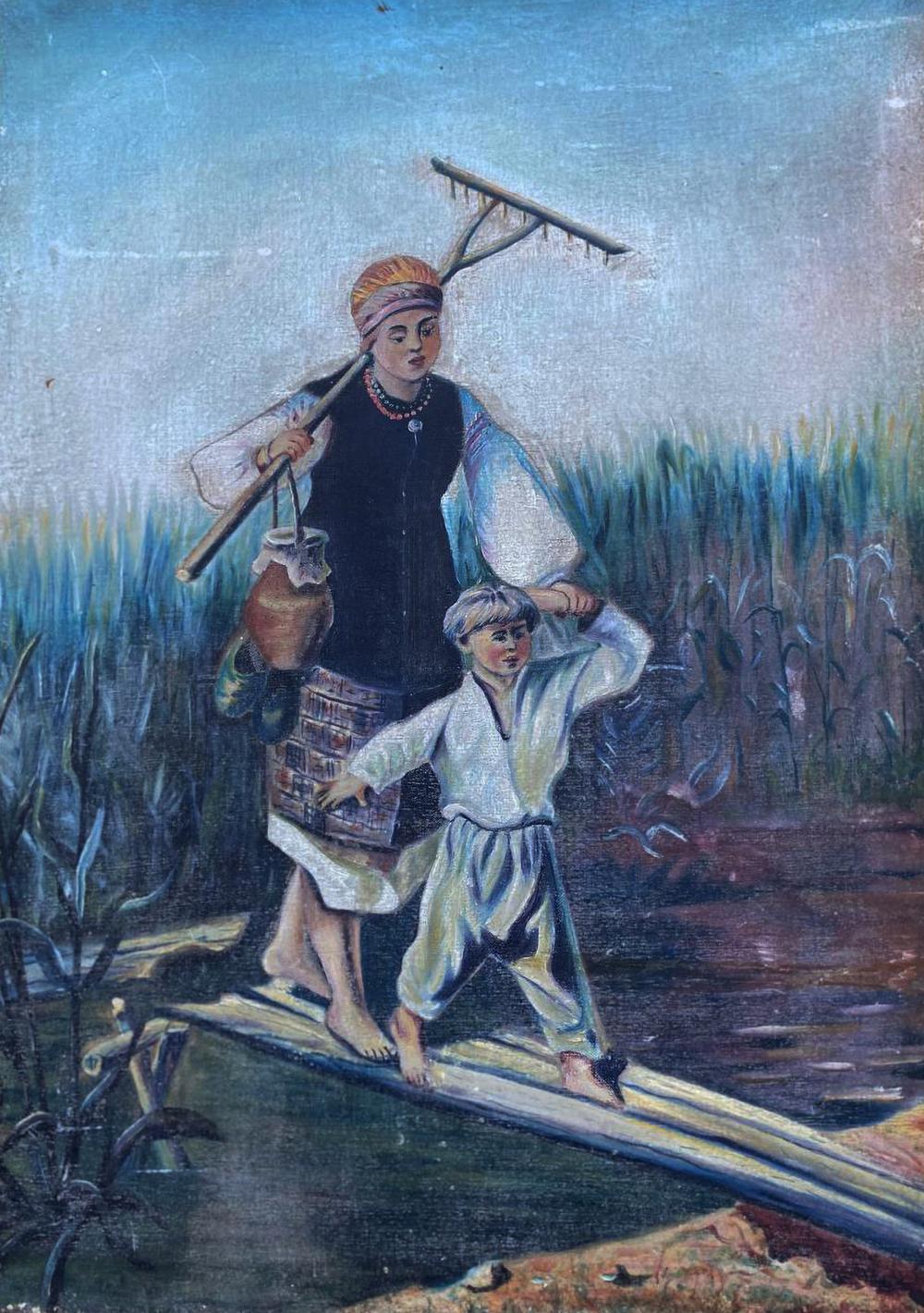 Rustic oil painting of woman and child crossing plank bridge over water