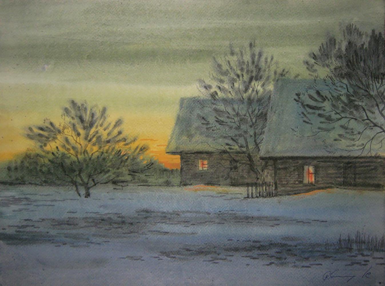 Watercolor painting Winter evening in the village by Valery Savenets