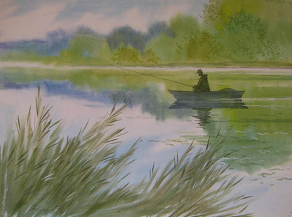 Watercolor painting of early morning fishing by Valery Savenets