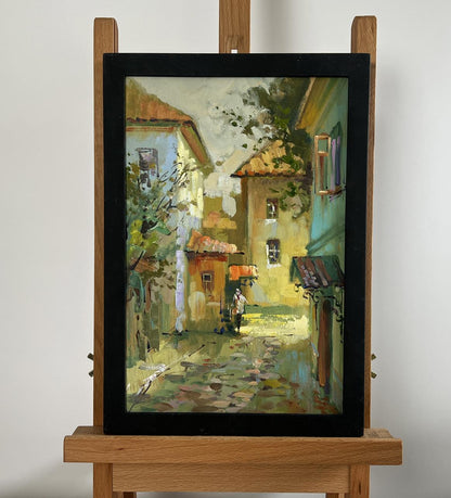 Oil painting Fresh air from the streets by Yuriy Suprunchuk in black frame