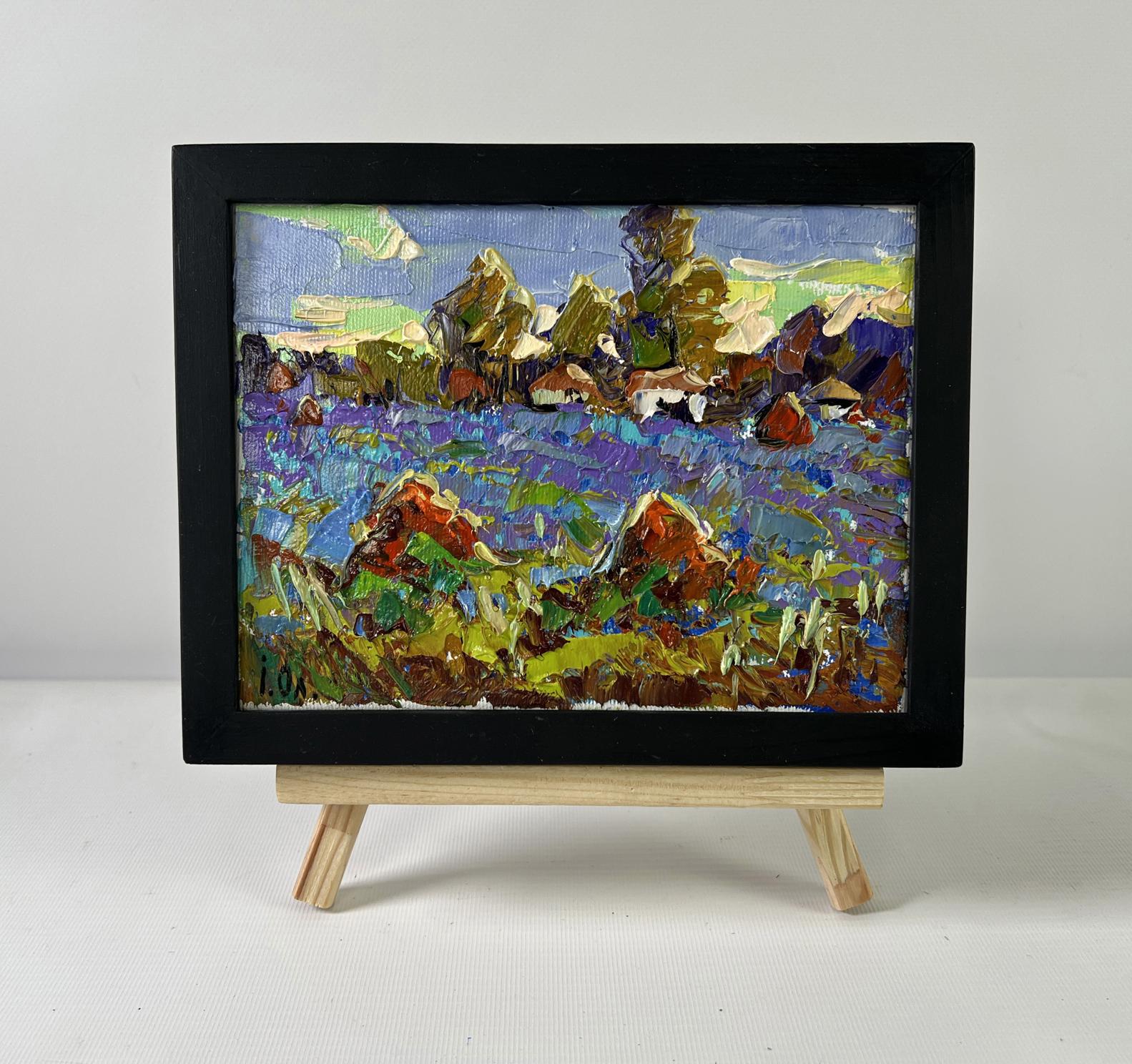 Oil painting Edge of the Village by Oleksiy Ivanyuk in black frame