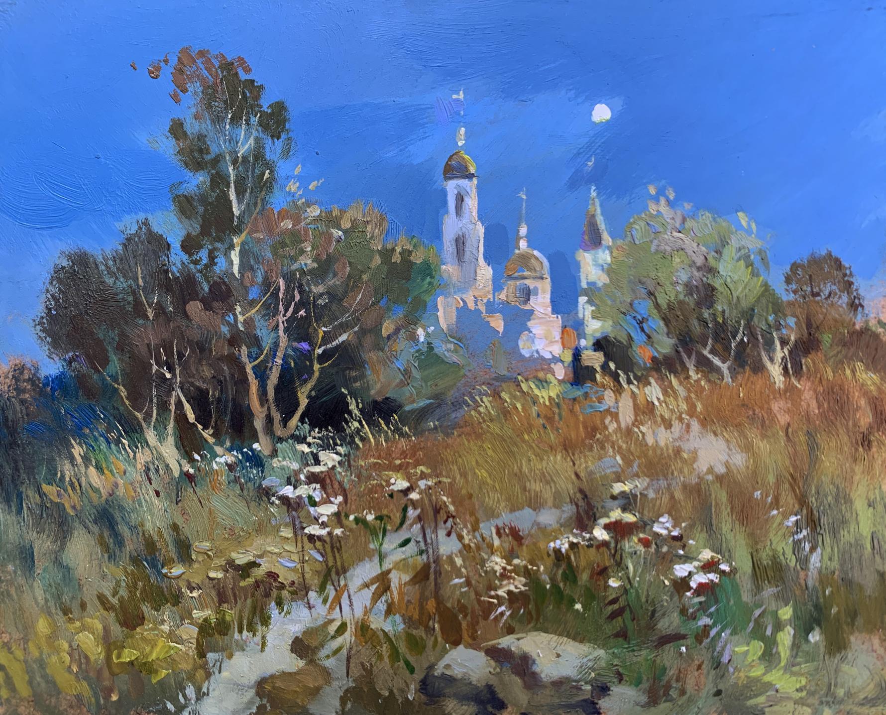 Vibrant oil painting by Yuriy Suprunchuk of moonlit church with golden domes amid autumn trees