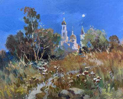 Vibrant oil painting by Yuriy Suprunchuk of moonlit church with golden domes amid autumn trees
