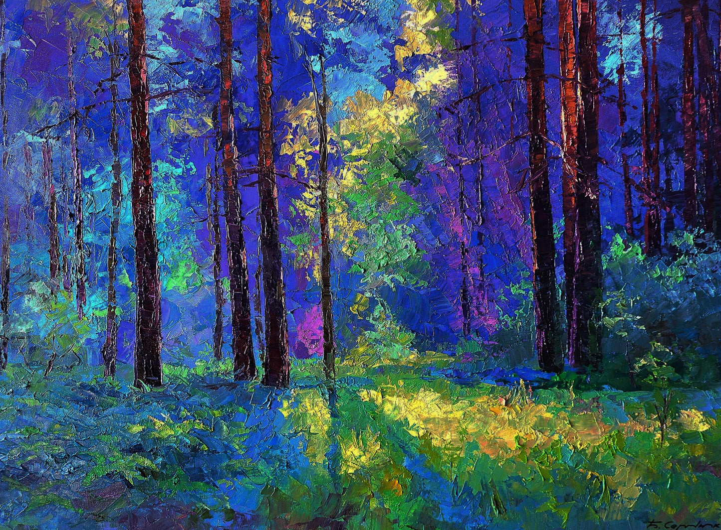 Vibrant impressionist forest oil painting by Boris Serdyuk with sunny meadow