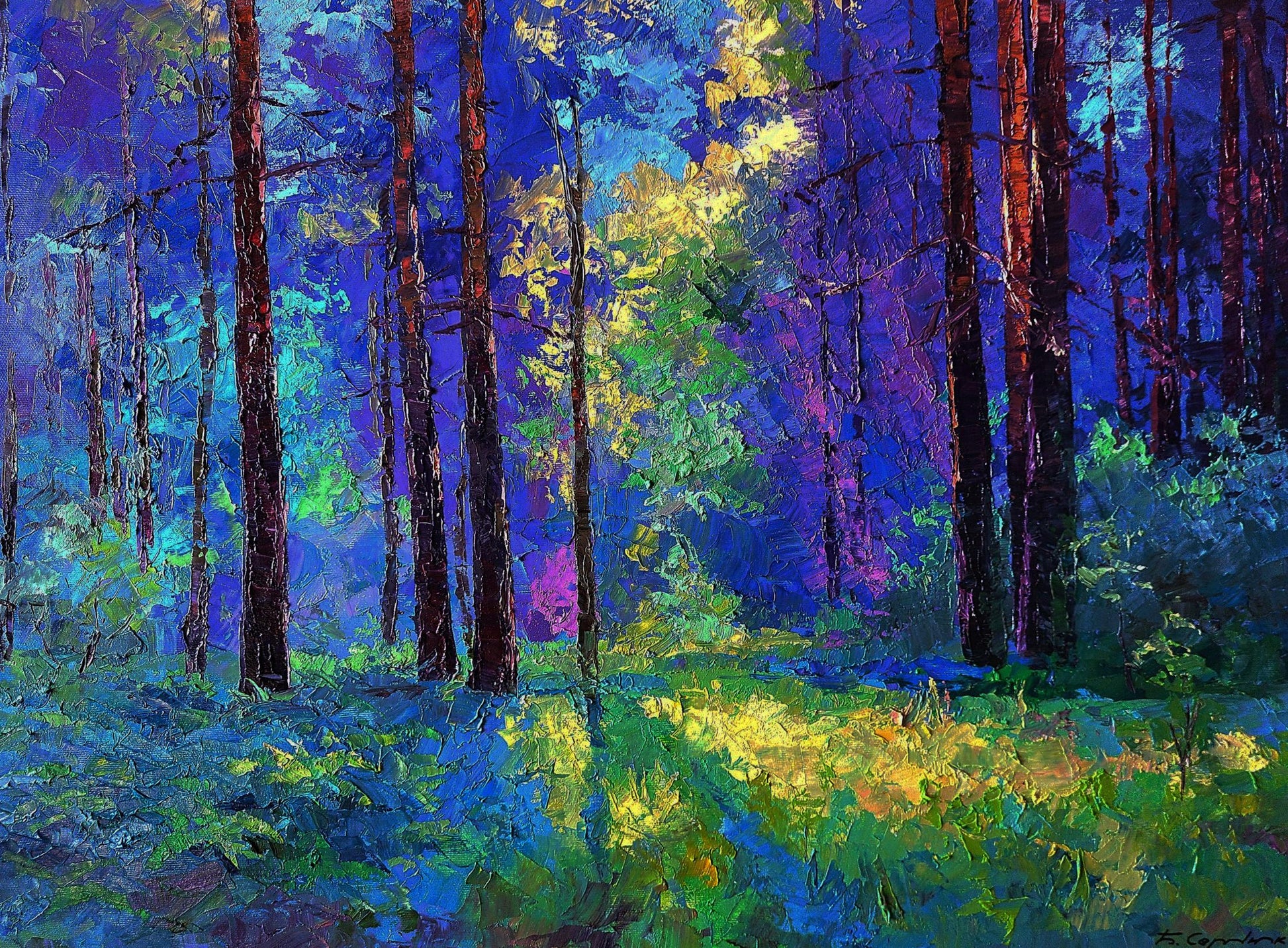 Vibrant impressionist forest oil painting by Boris Serdyuk with sunny meadow