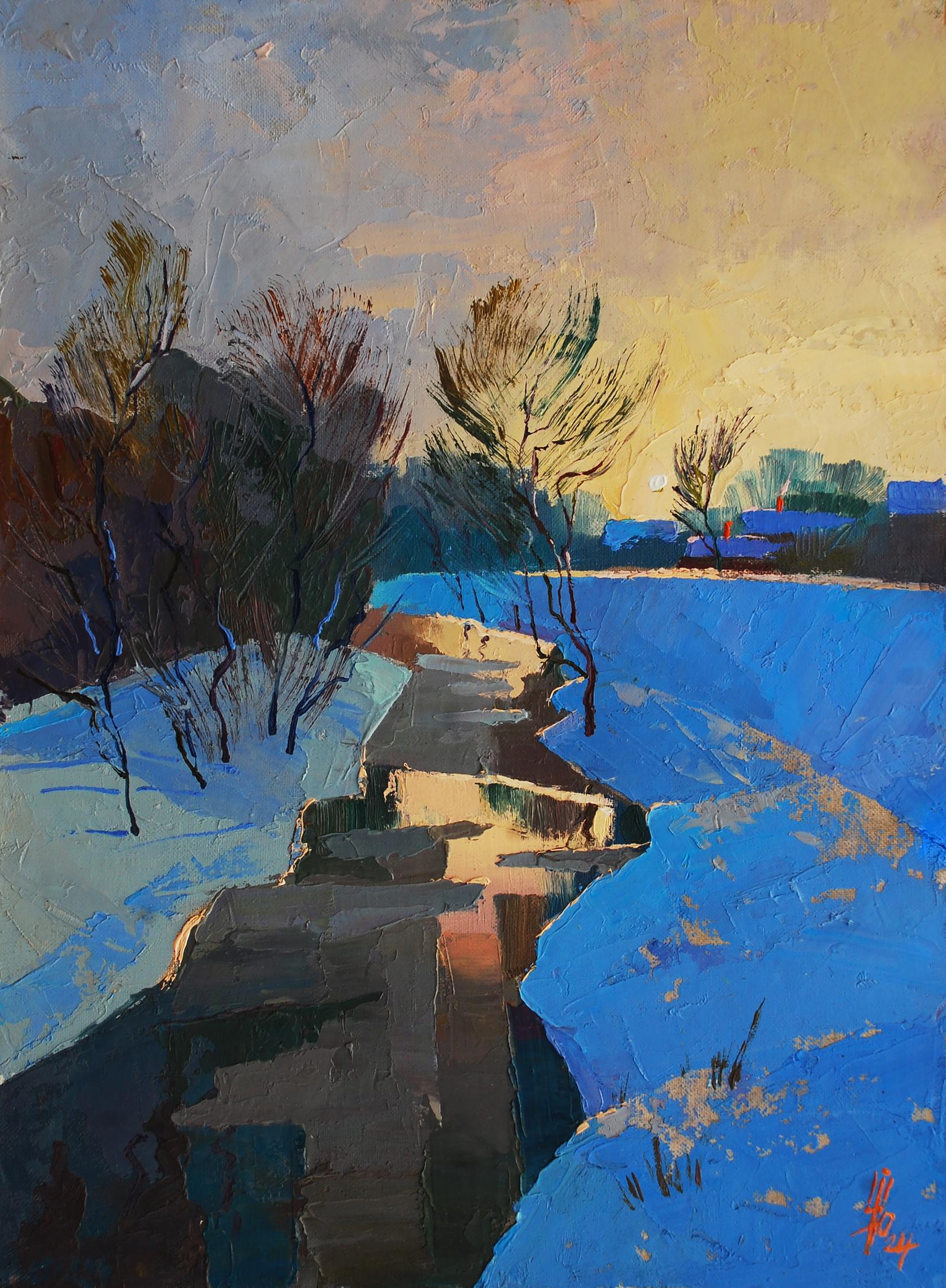 Vibrant impressionist oil painting Winter evening and silence between snow by Egor Shvachunov