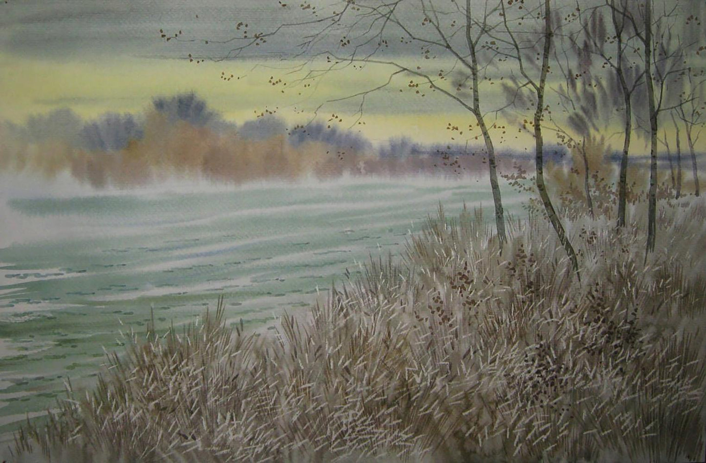 Watercolor painting Autumn mood by the river by Valery Savenets