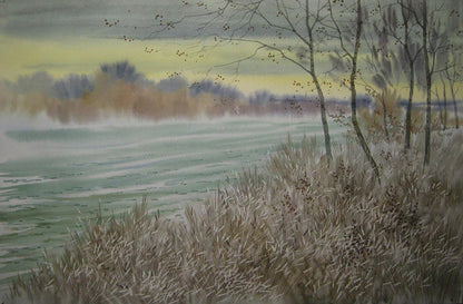 Watercolor painting Autumn mood by the river by Valery Savenets