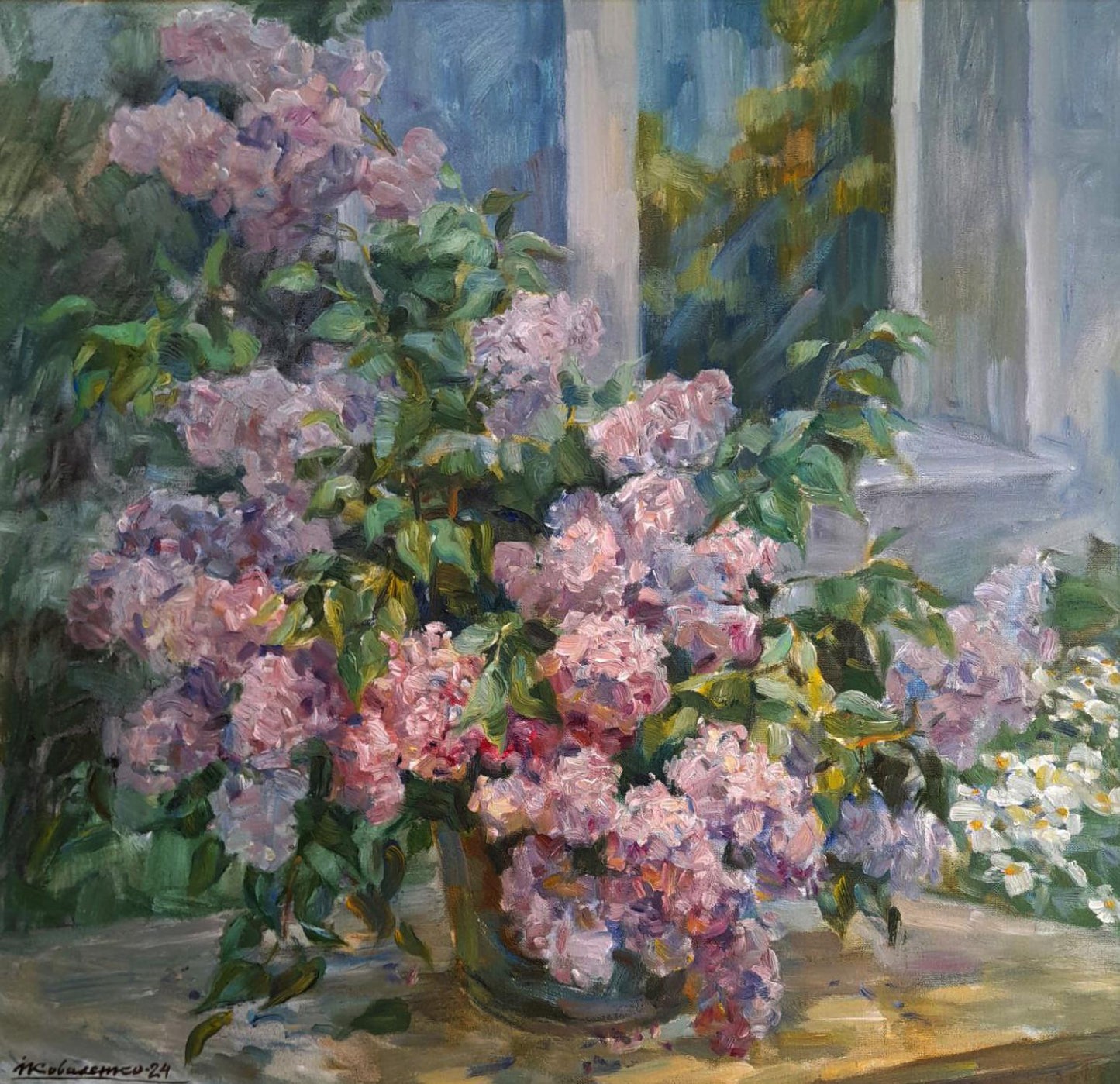 Oil painting of pink lavender lilacs in green vase by Ivan Kovalenko