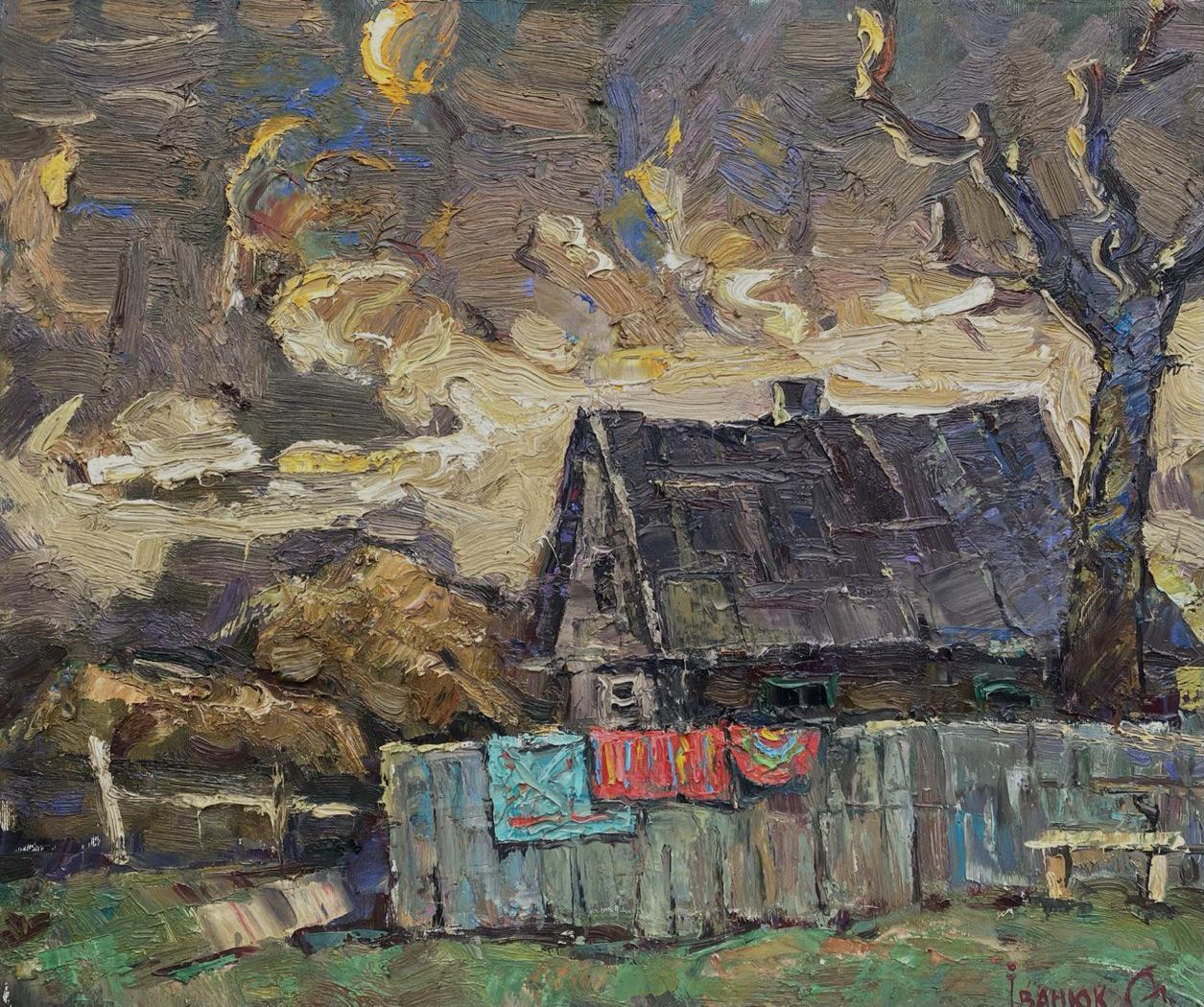 Rustic wooden house under dramatic sky in Country Moonlight oil painting by Oleksiy Ivanyuk