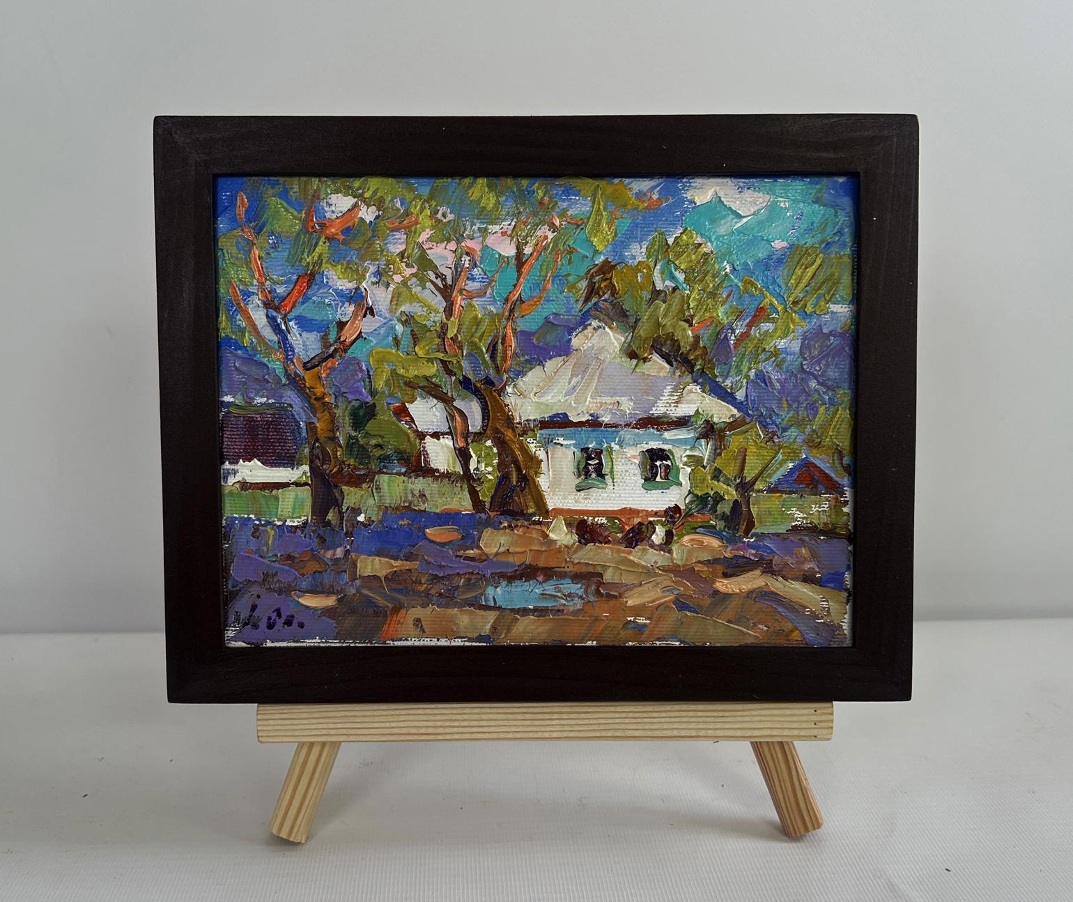 Oil painting Spring days in the village by Oleksiy Ivanyuk in dark frame