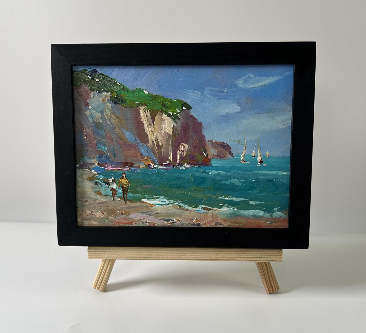 Black-framed oil painting Sea with ships by Yuriy Suprunchuk
