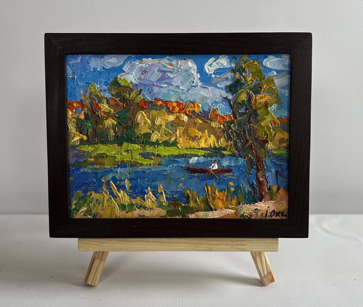 Oil painting Early autumn fishing by Oksana Ivanyuk in wooden frame