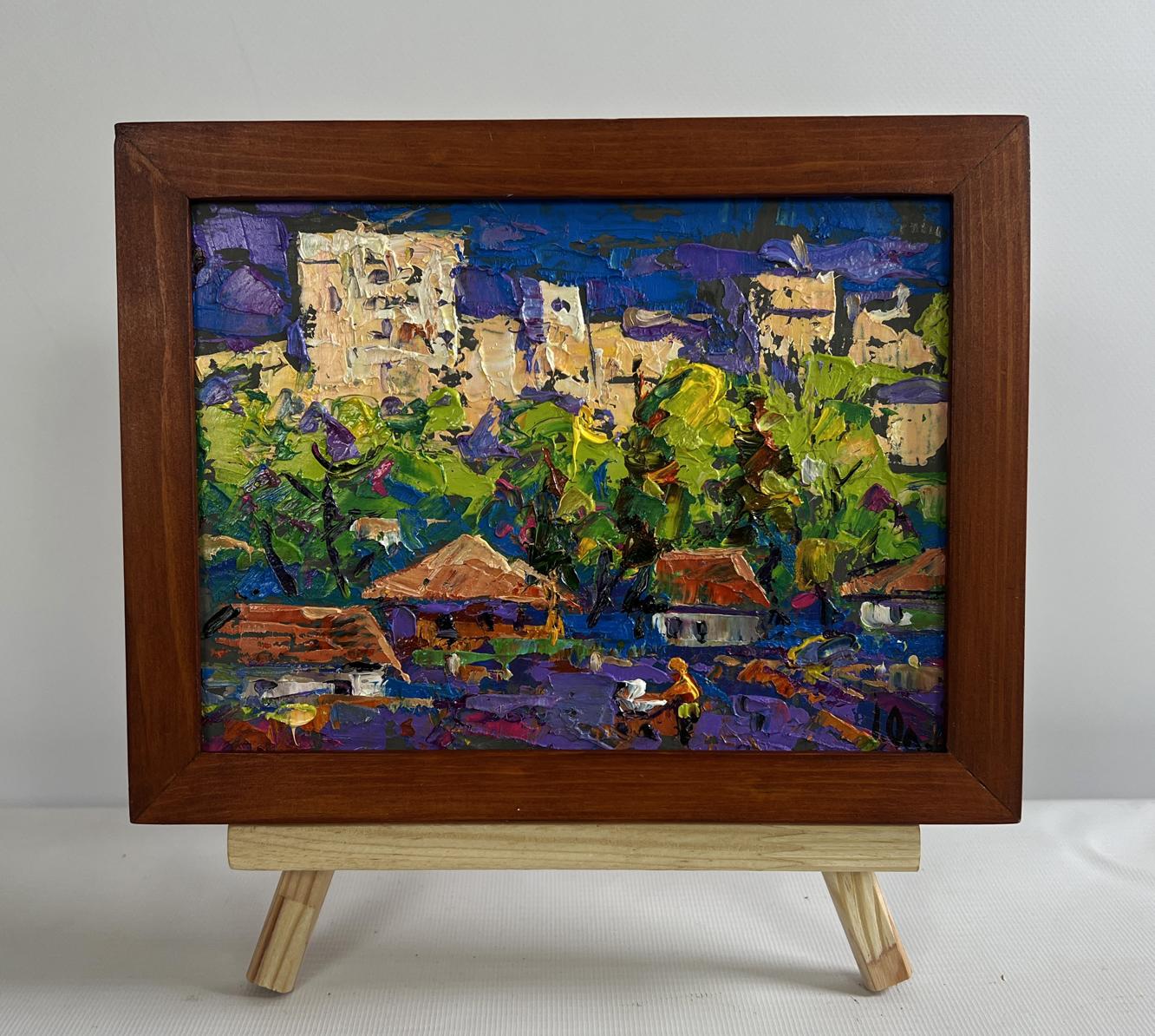 Vibrant impressionist oil painting by Oleksiy Ivanyuk of colorful village scene in rustic frame
