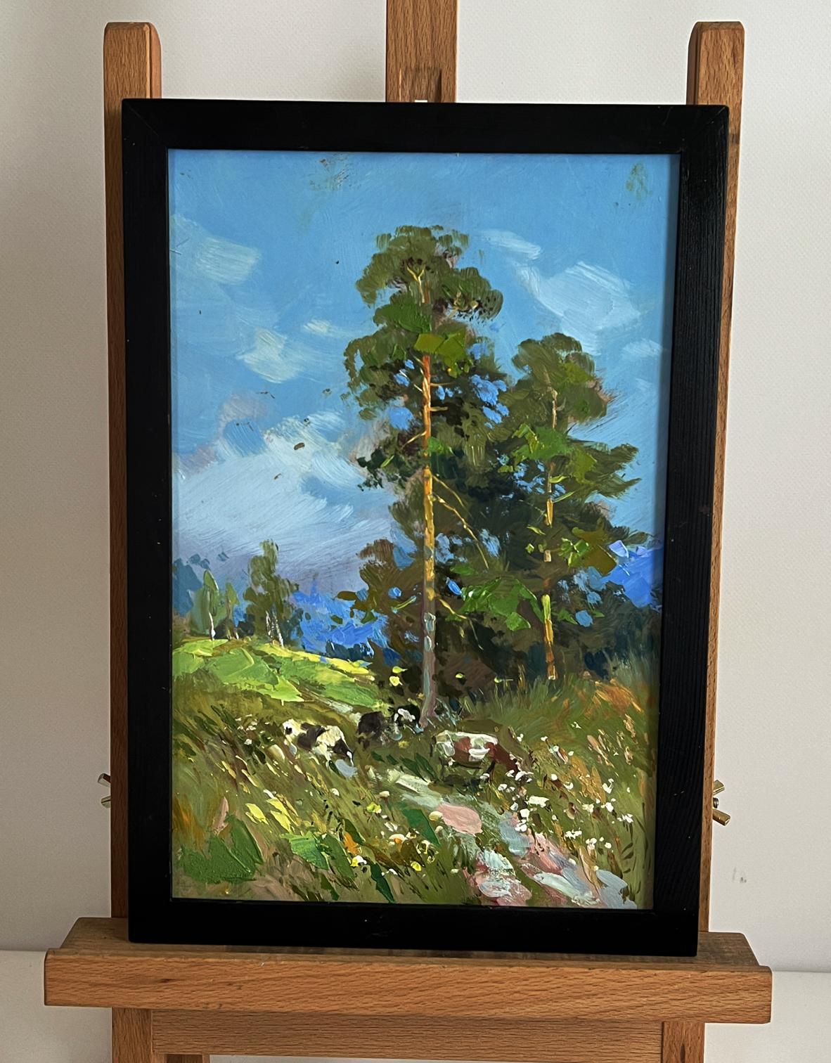 Oil painting by Yuriy Suprunchuk: cows in vibrant forest with hills and wildflowers