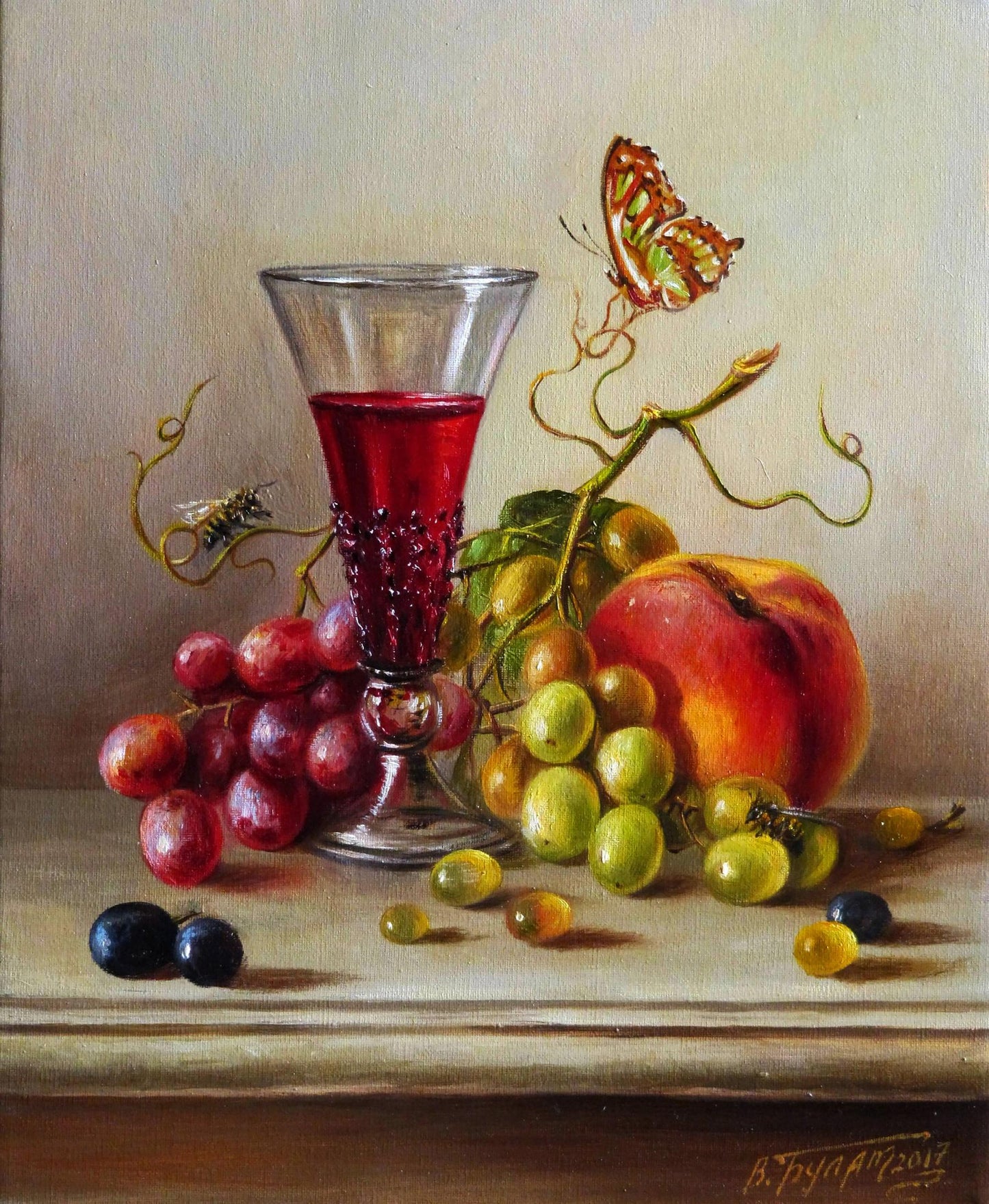 Oil painting of deep red wine in textured glass goblet by Valeriy Bulat
