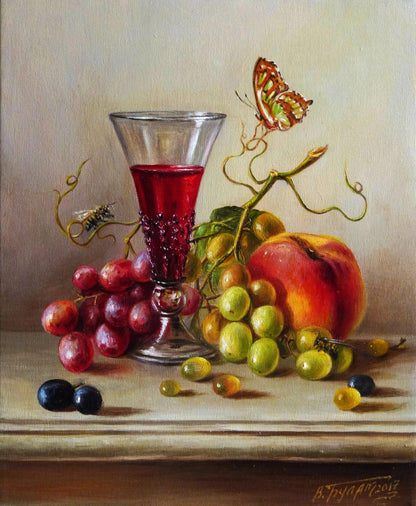 Oil painting of deep red wine in textured glass goblet by Valeriy Bulat