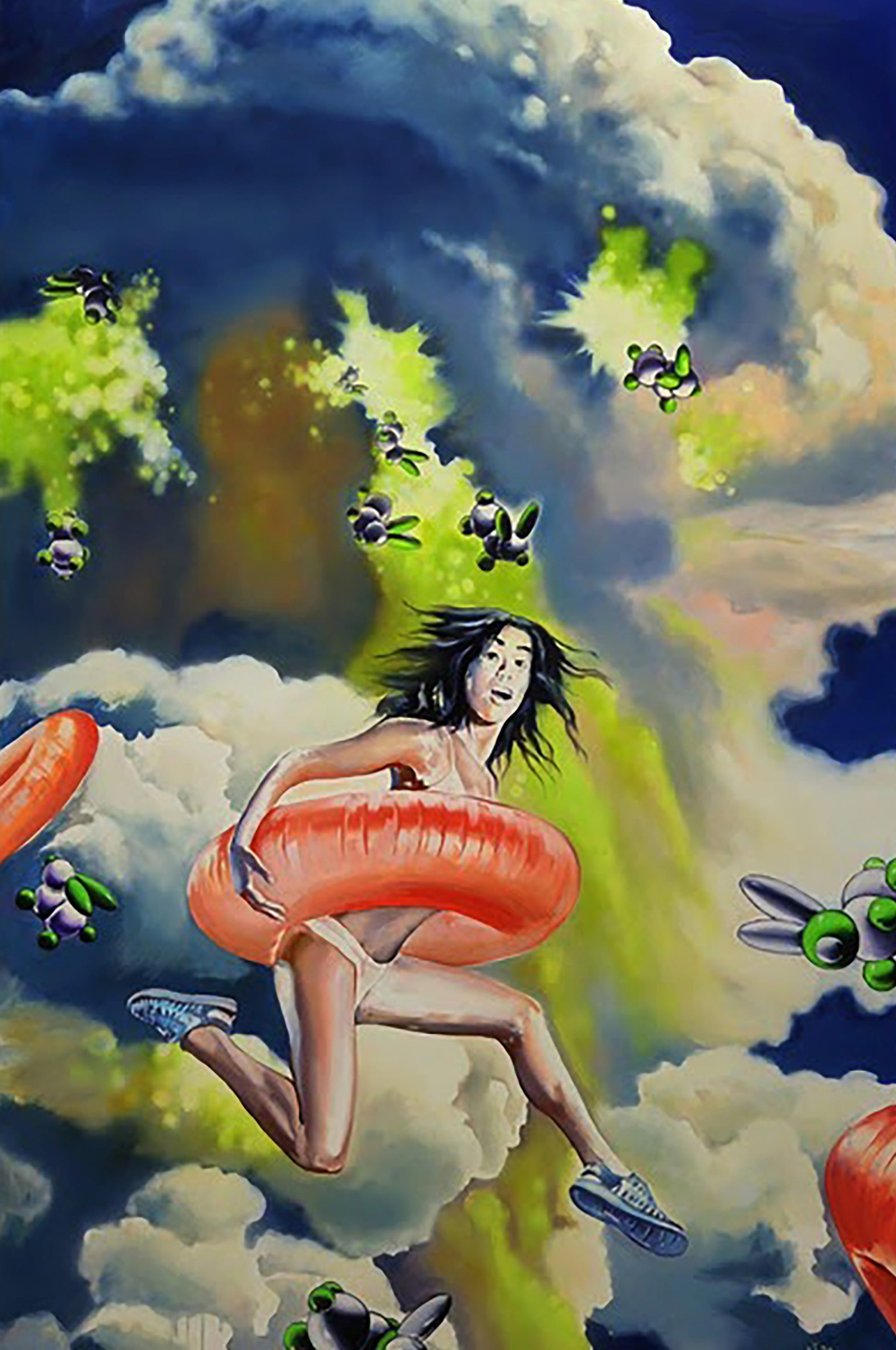 Oil painting of orange inflatable ring held by woman in mid-air, surreal sky, Igor Konovalov