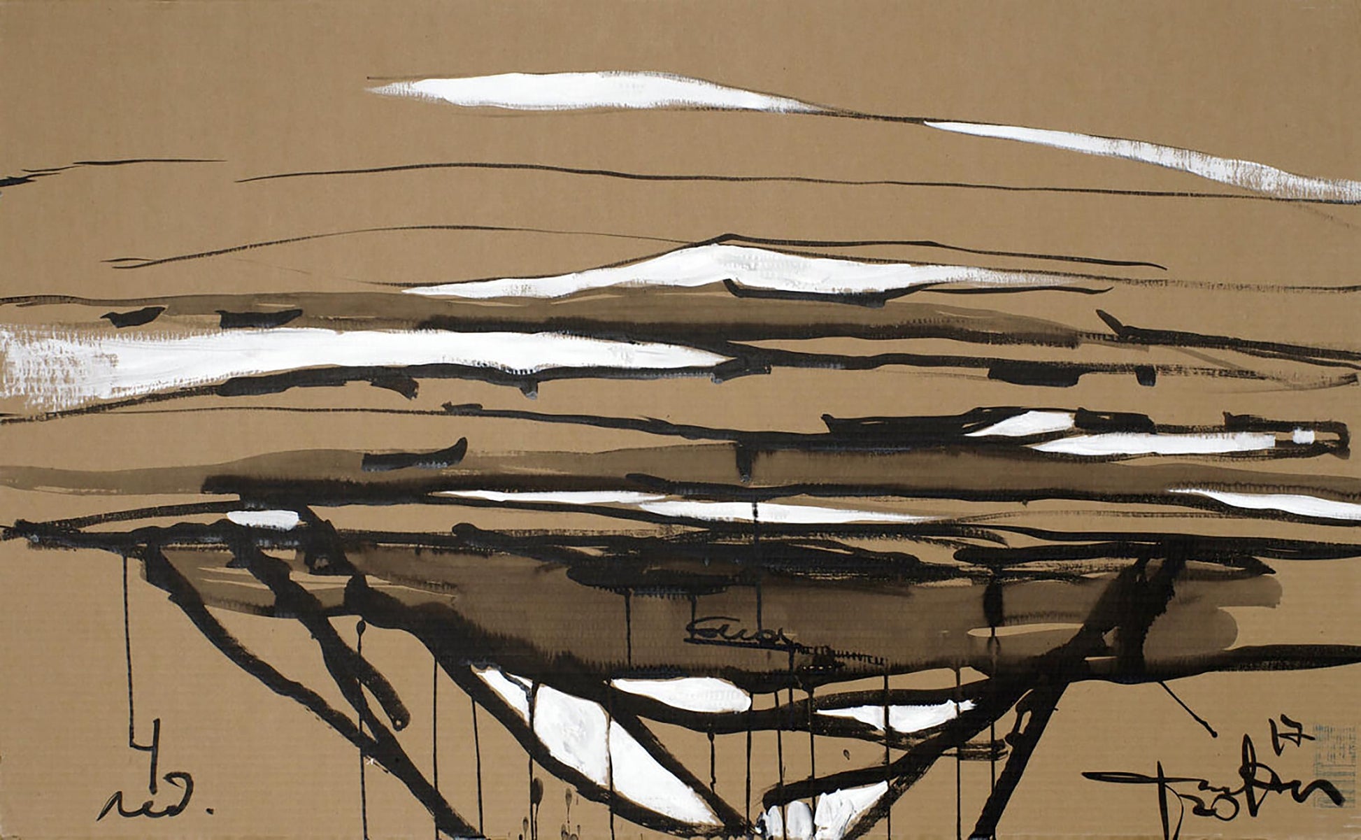 Abstract Ice acrylic painting by Dima Filatov with layered white, black, brown strokes on tan