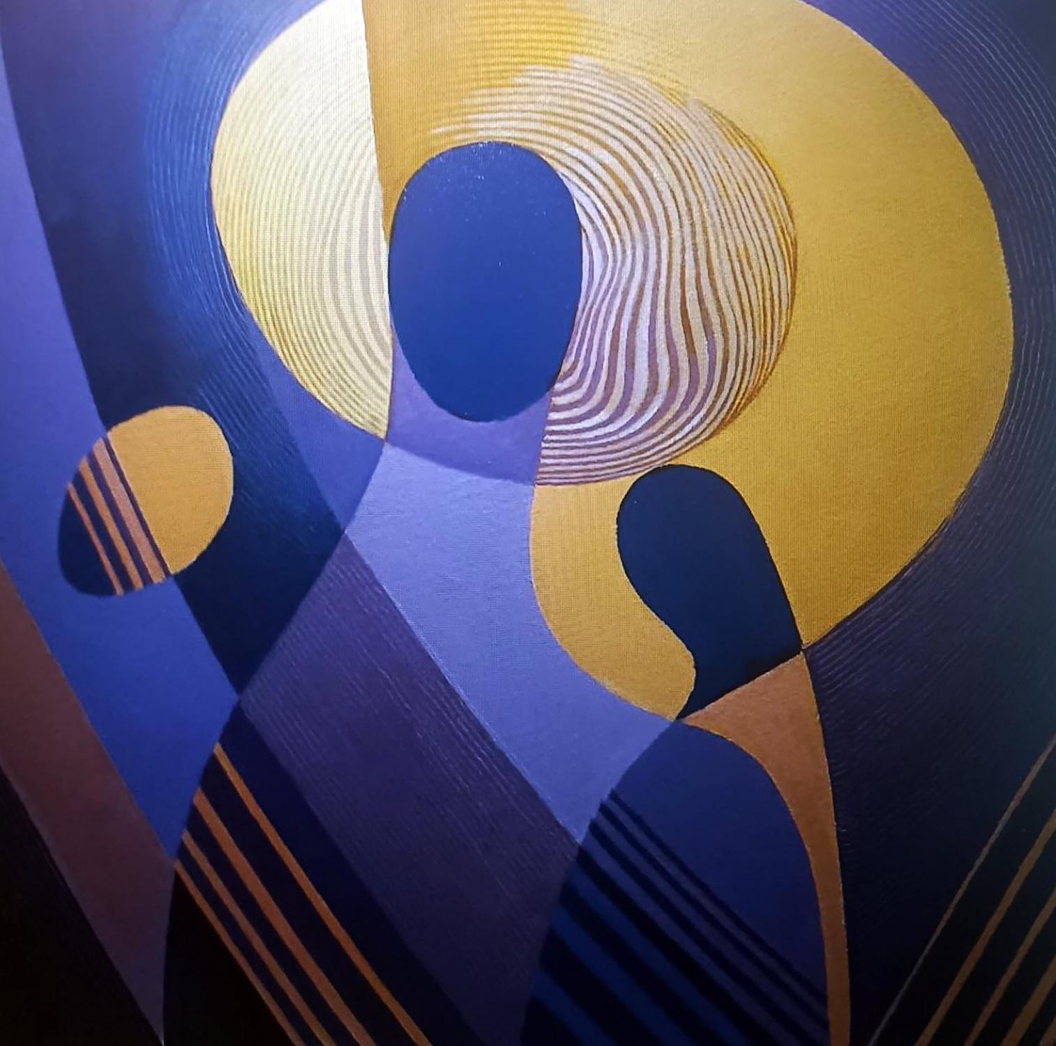 Oil painting of mother and child by Alexander Strashevich with blue gold geometric shapes
