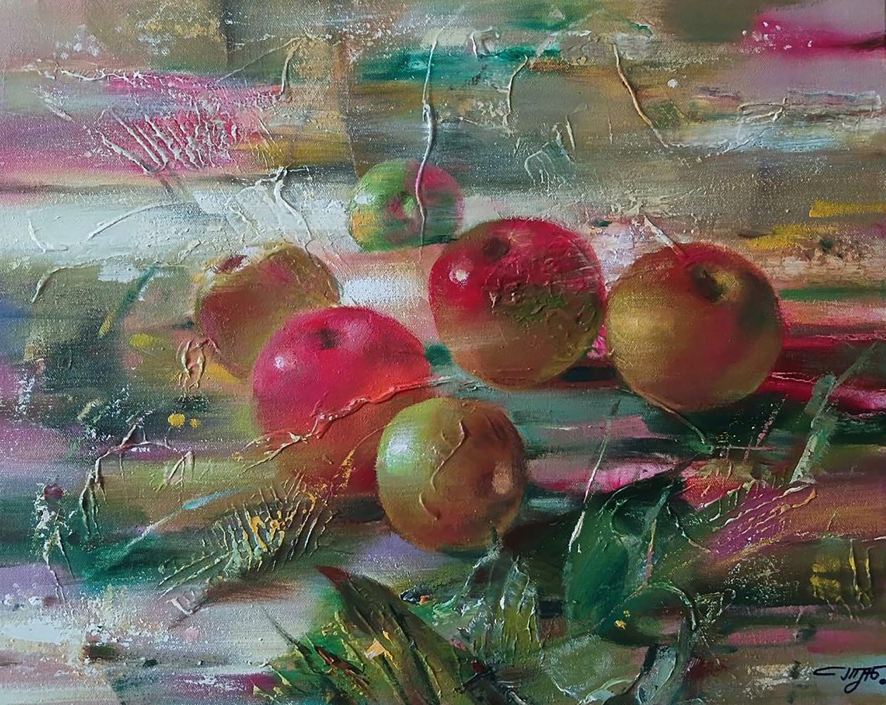 Abstract oil painting of juicy red green apples by Anatoly Tarabanov