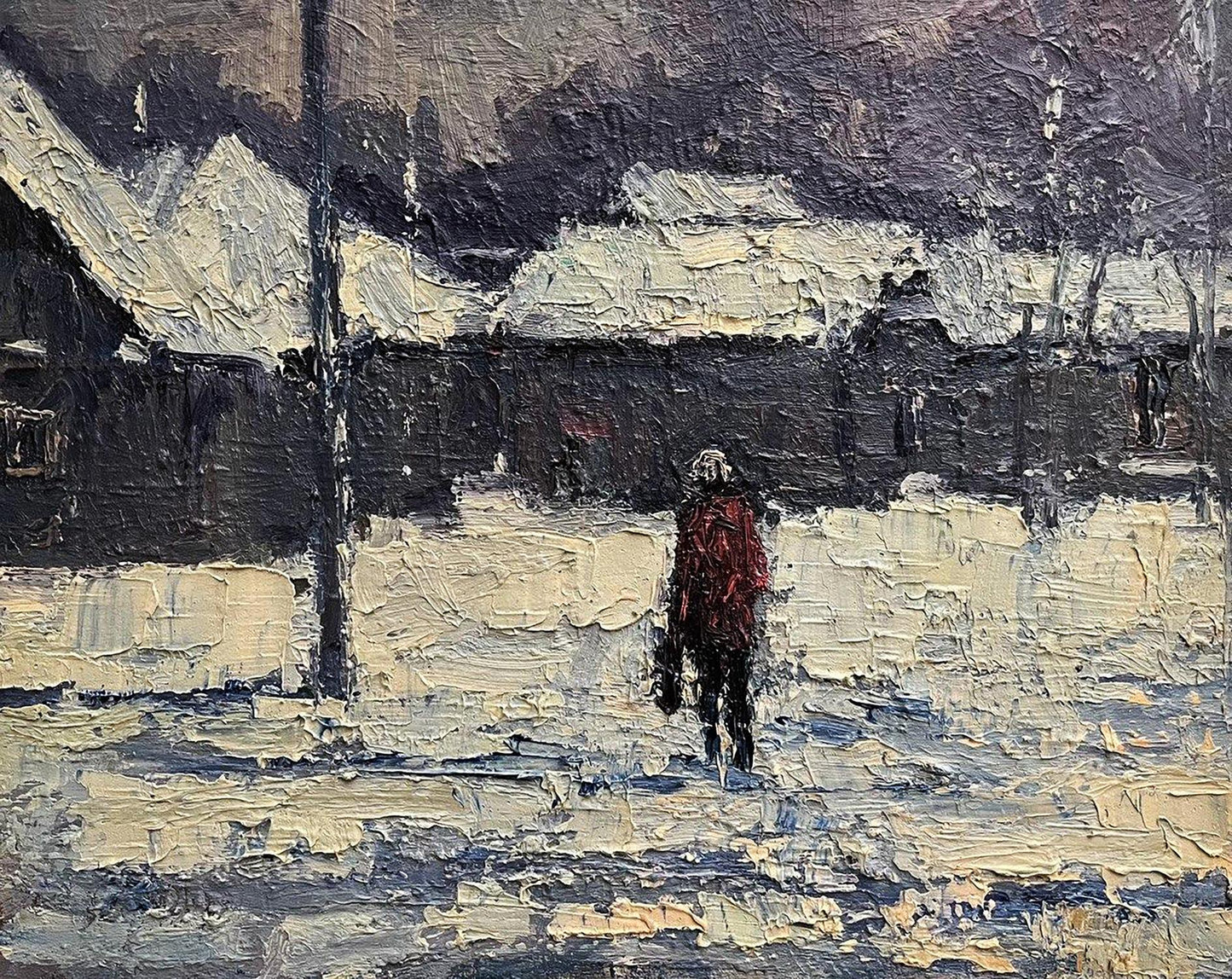 Oil painting Returning Home by Volodymyr Pashchenko: figure in red coat on snowy village street