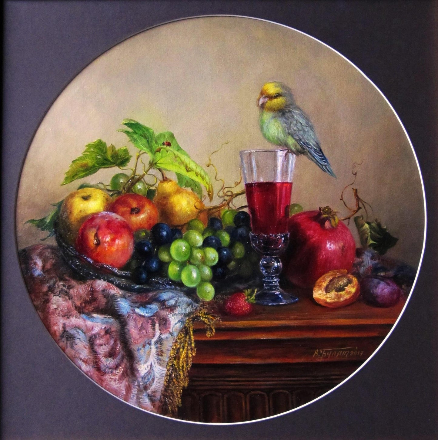 Oil painting Yummy treats Valeriy Bulat: colorful parrot on glass with fruits