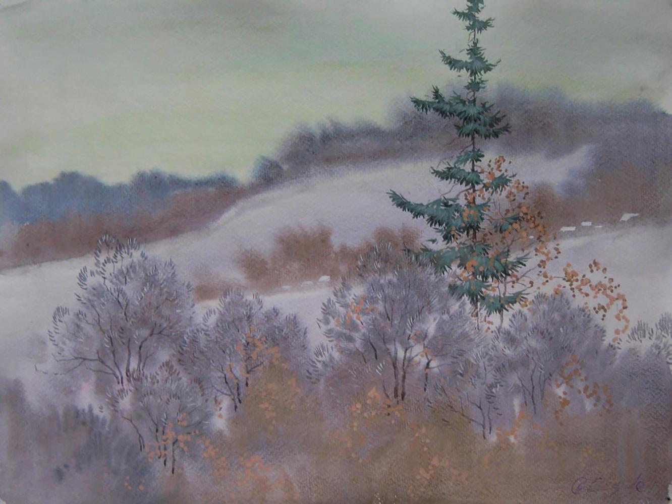 Watercolor painting of Winter hills snowy landscape by Valery Savenets