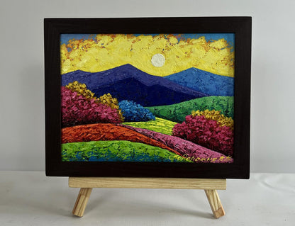 Oil painting An evening engulfed in sunset gold by V. Zadorozhnya in black frame