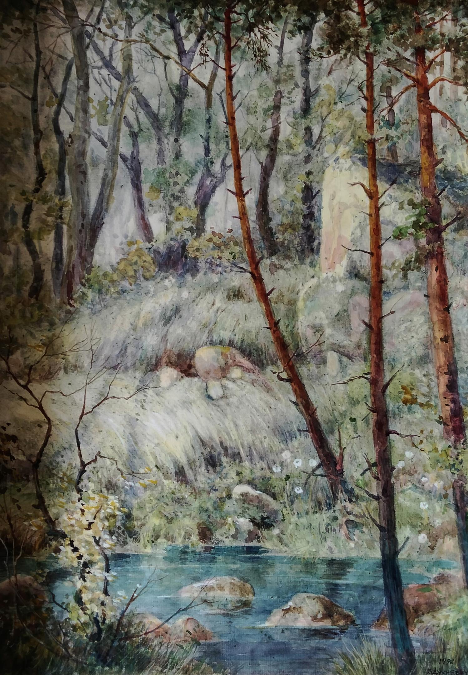 Watercolor forest stream at dawn by Vitaly Duhnevich