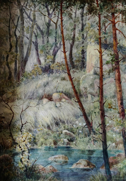 Watercolor forest stream at dawn by Vitaly Duhnevich