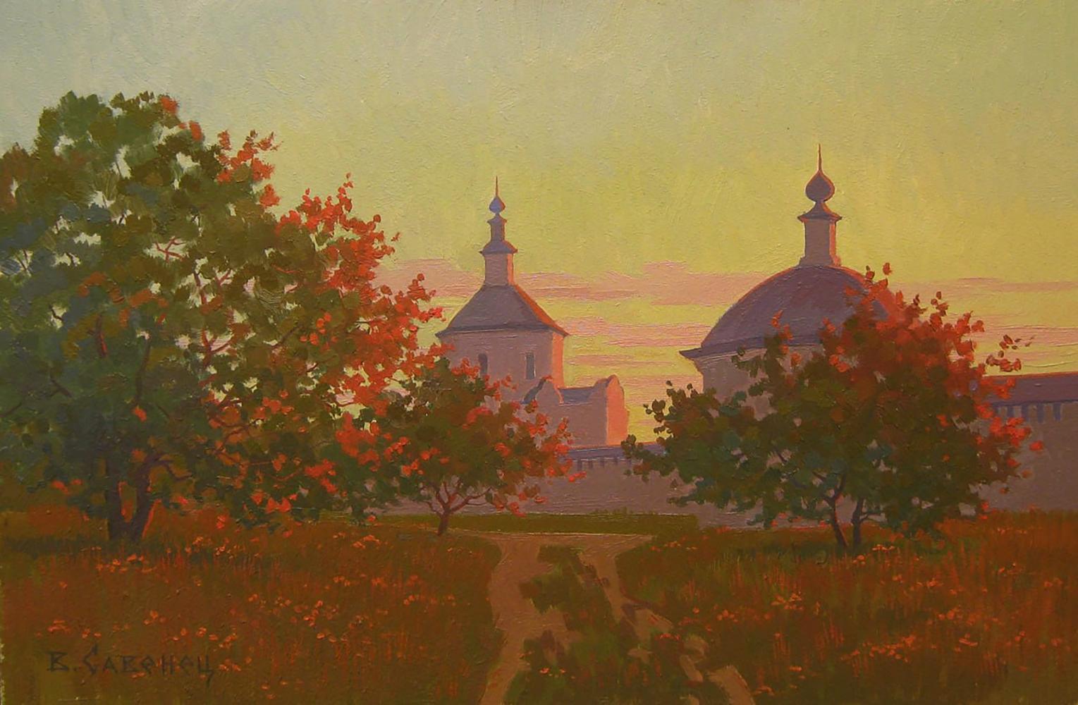 Oil painting of yellow sunset over church by Valery Savenets
