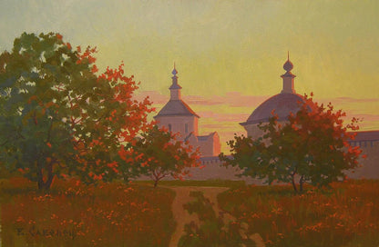 Oil painting of yellow sunset over church by Valery Savenets