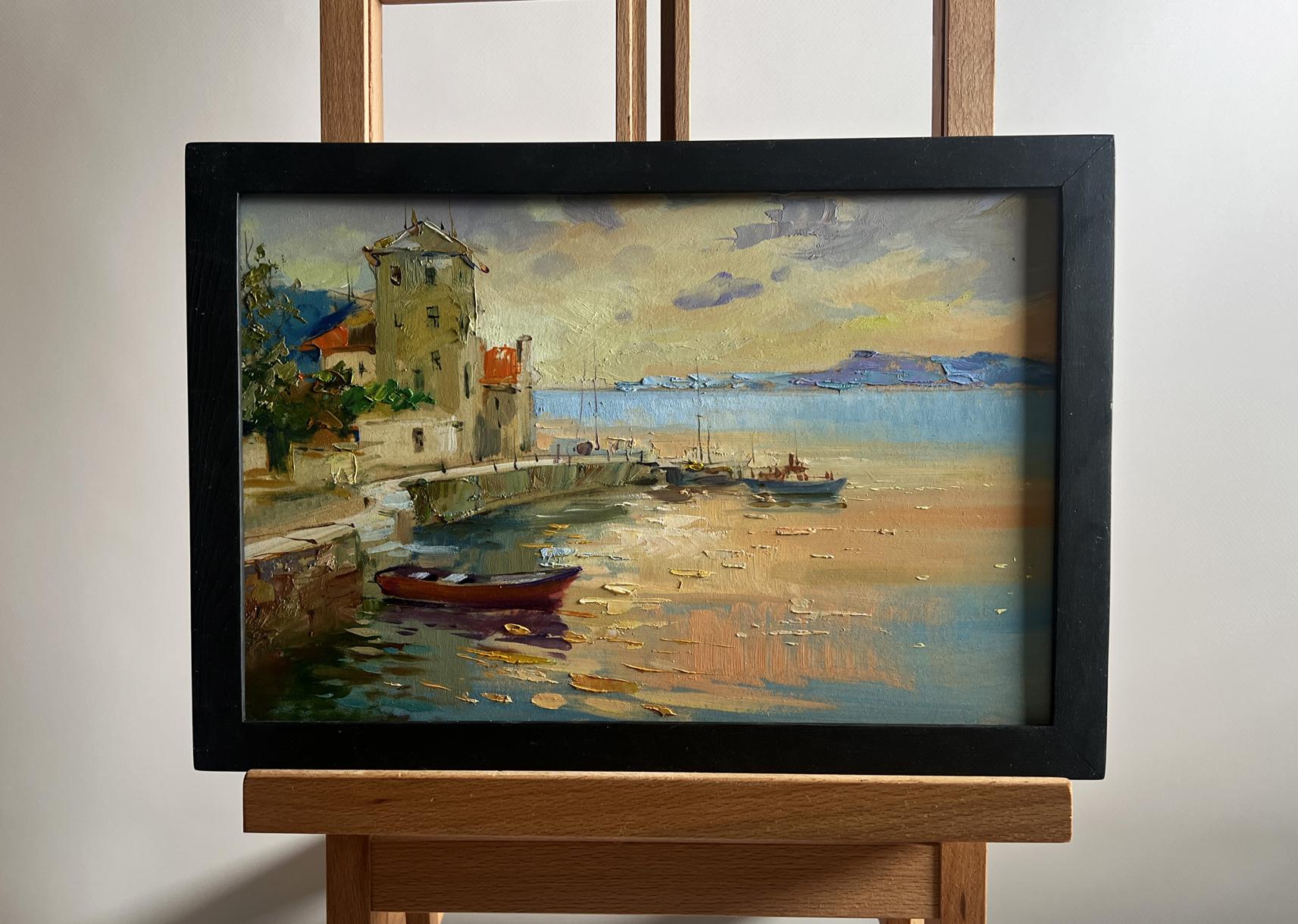 Framed oil painting of orange sunset sea with boats by Yuriy Suprunchuk