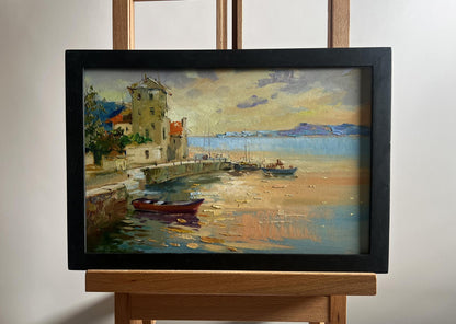 Framed oil painting of orange sunset sea with boats by Yuriy Suprunchuk