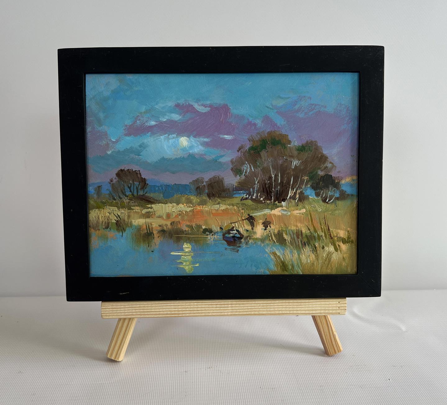 Oil painting In the field near the lake by Yuriy Suprunchuk, serene twilight landscape
