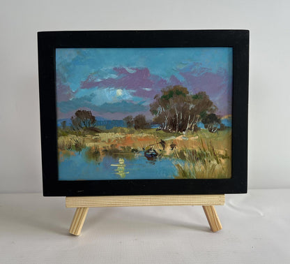 Oil painting In the field near the lake by Yuriy Suprunchuk, serene twilight landscape