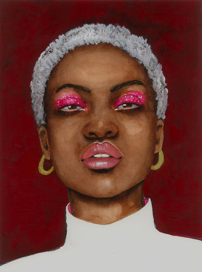 Watercolor portrait of Victoria Kagalovska with silver hair, pink glitter eyeshadow, gold hoops on red background