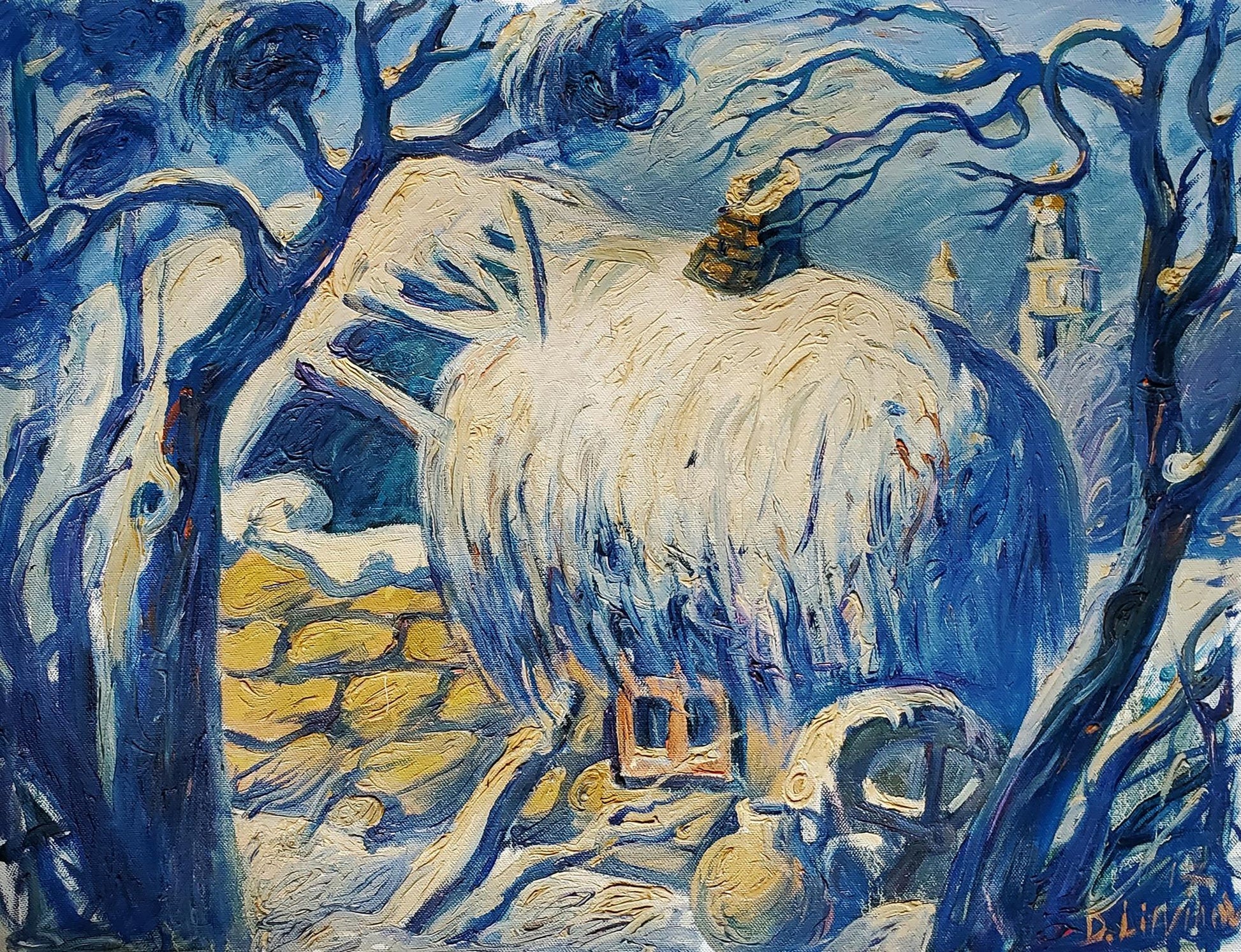 Oil painting Winter in the village by Daniil Litvinov: snowy thatched house