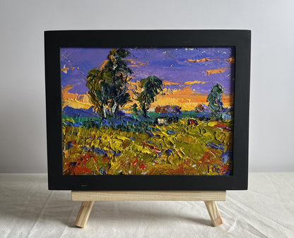 Oil painting The day passes with a yellow sunset by Oleksiy Ivanyuk in black frame
