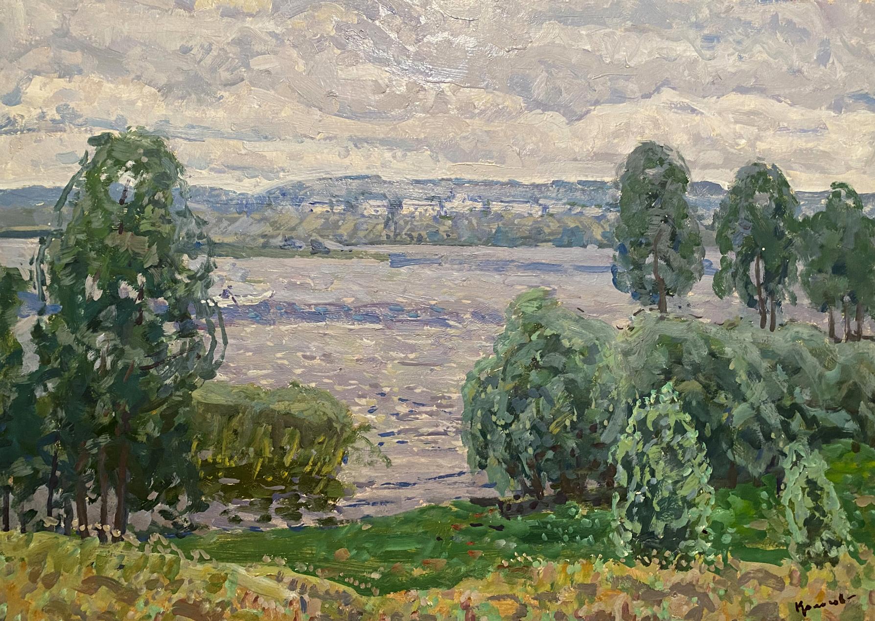 Oil painting Dnieper Bay by Georgy Kolosovsky: river with trees and hills