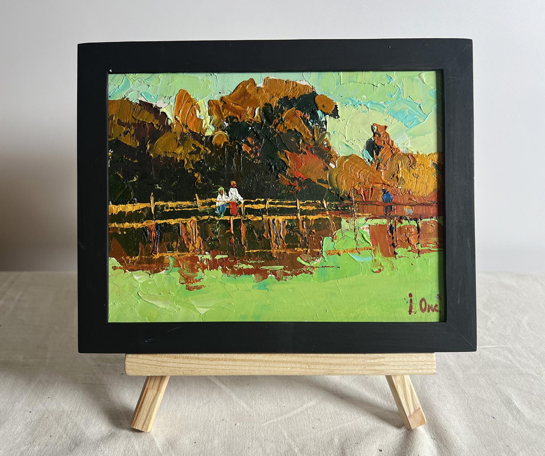 Oil painting Walking on the river bridge by Oksana Ivanyuk in autumn tones