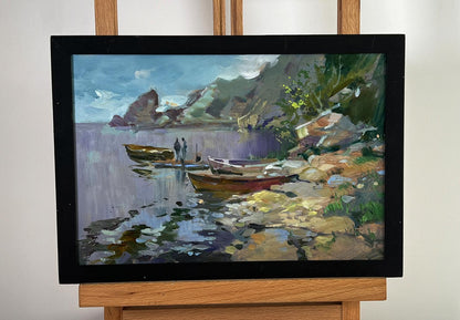 Framed oil painting of boats on serene lakeside by Yuriy Suprunchuk