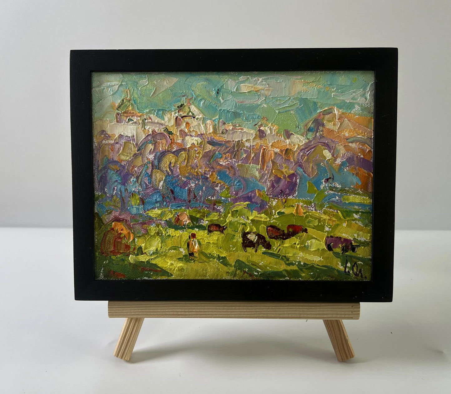 Oil painting A walk outside the village by Oleksiy Ivanyuk in black frame