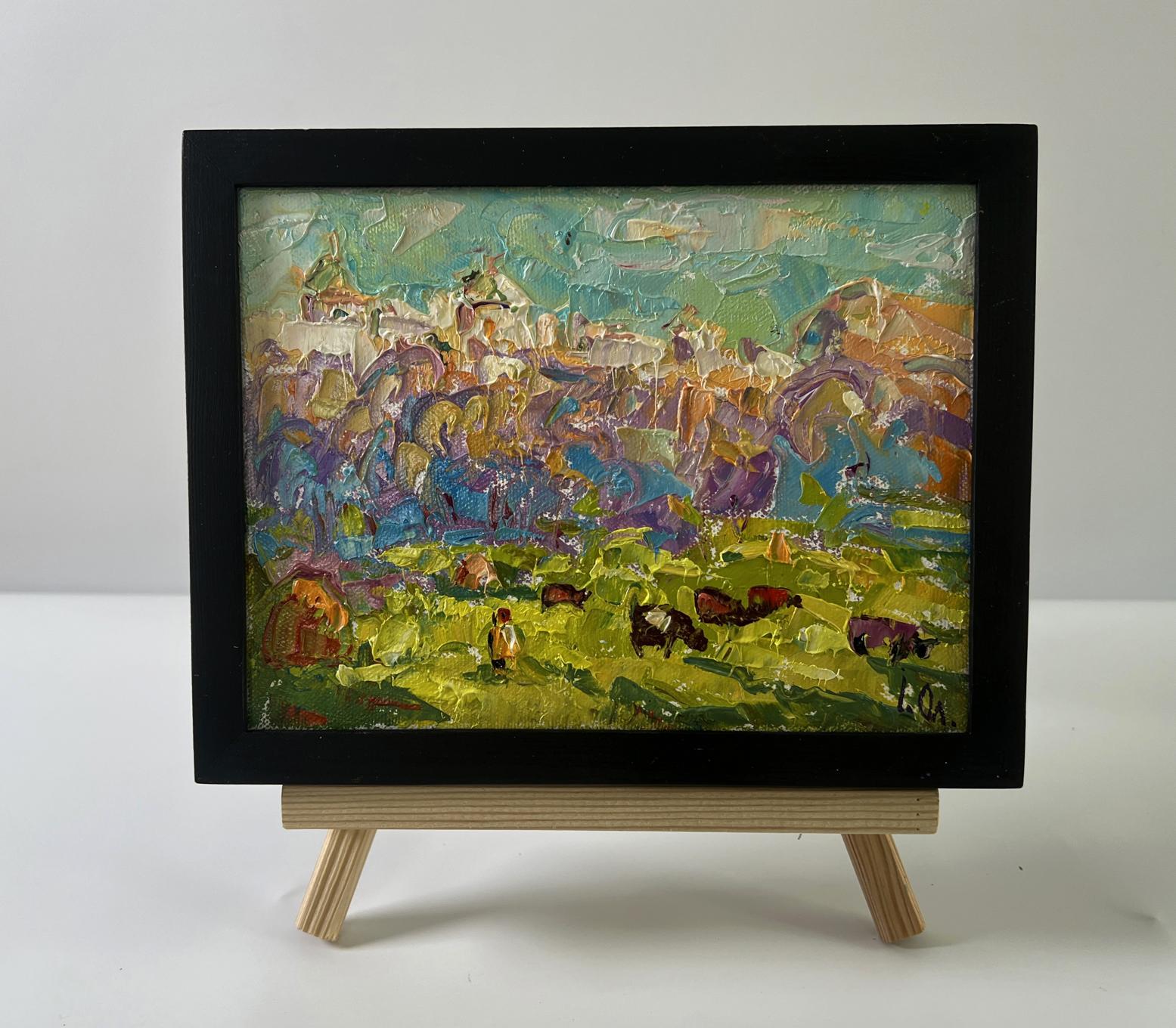 Oil painting A walk outside the village by Oleksiy Ivanyuk in black frame