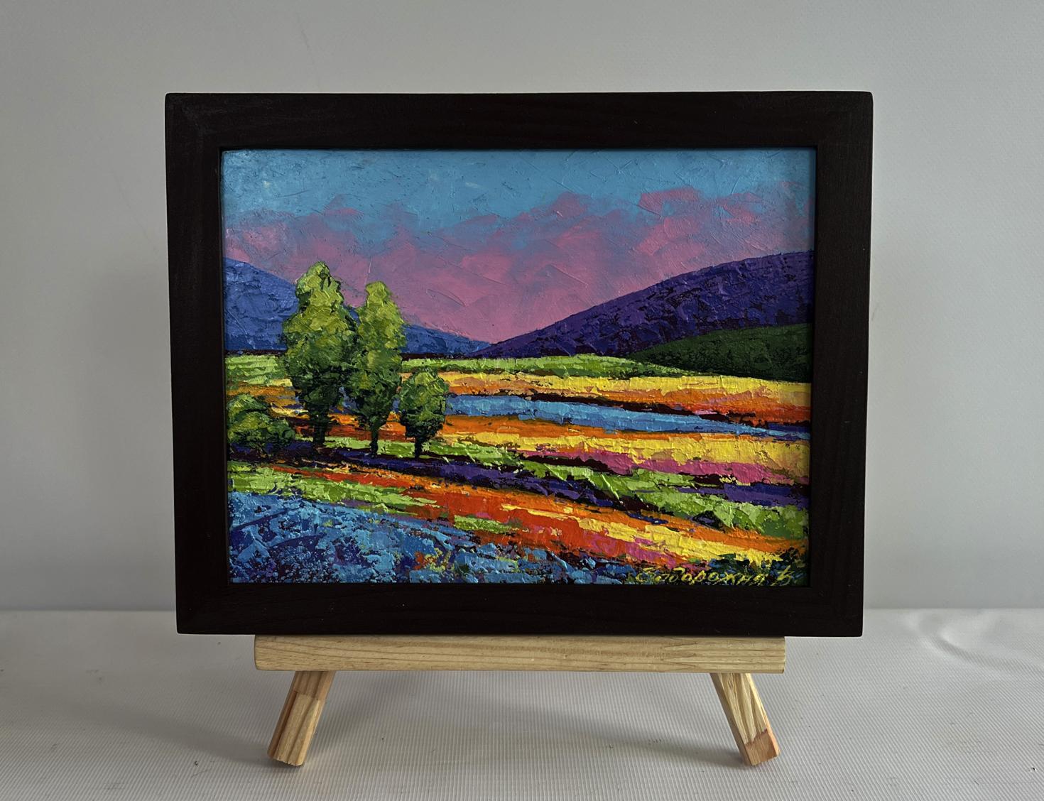 Oil painting Gentle pink sunset by V. Zadorozhnya in black frame