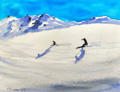 Watercolor painting Skiing Down the Winter Mountains Olena Klimenko