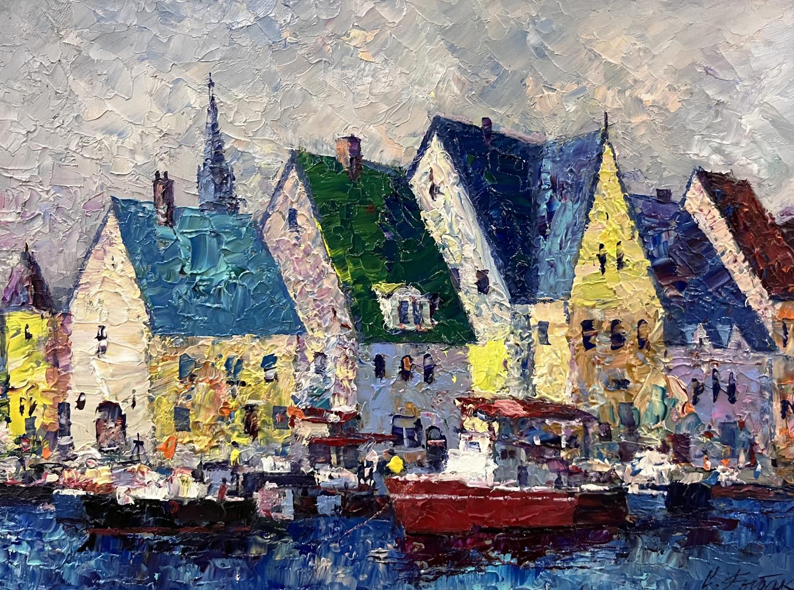 Vibrant oil painting of Italian coastal houses by Serhiy Rybak